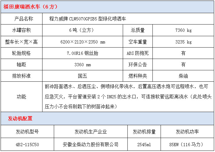 福田康瑞6方洒水车技术参数