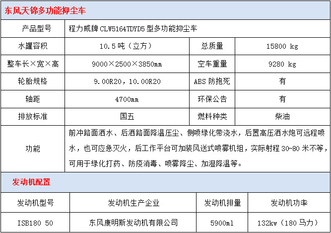 东风天锦多功能抑尘车技术参数